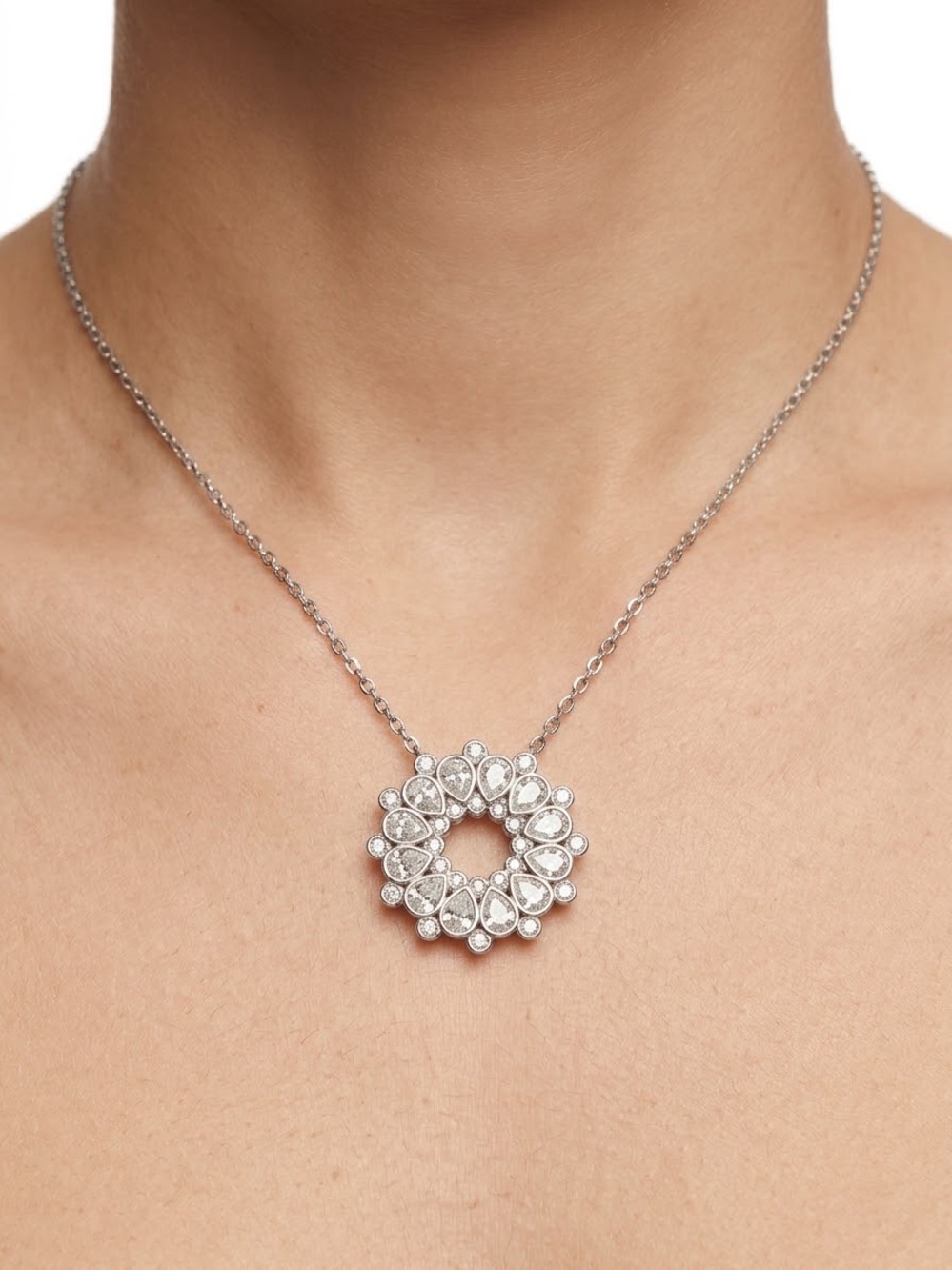 Swarovski Silver Floral Crystal Halo Pendant Necklace